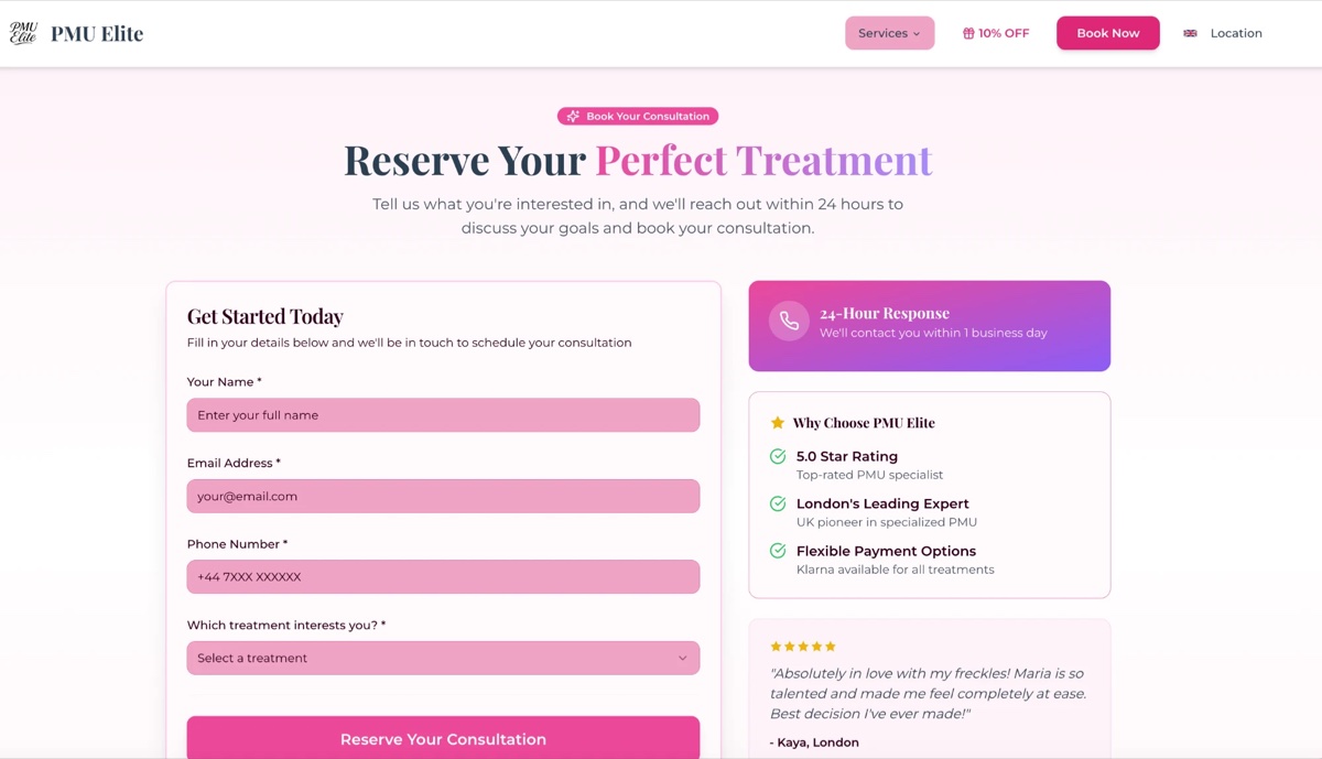 PMU Elite consultation booking funnel — reserve your perfect treatment